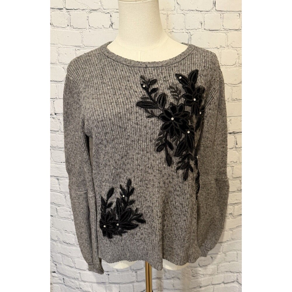 Inc International Concepts gray knit sweater floral appliqué rhinestones size M